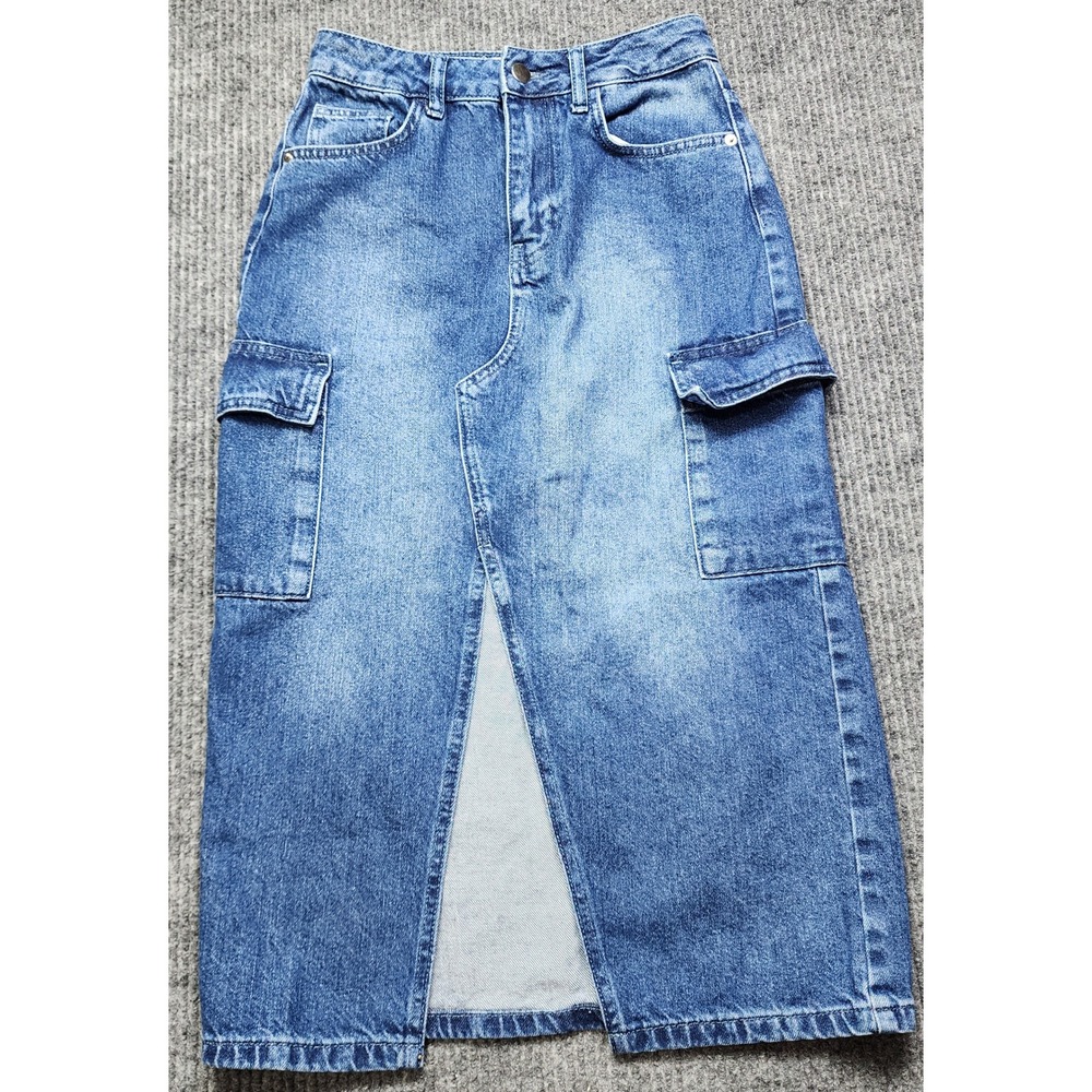 Harper Heritage Denim Cargo Y2K Midi Skirt Medium Wash Front Slit XS Utility
